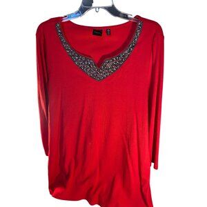 Red Rafaella XL Beaded V-Neck Long-Sleeve Top